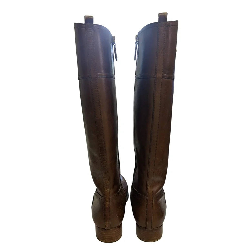Tory Burch Kiernan Riding Boots Gold Logo Equestrian Preppy Leather Brown 10